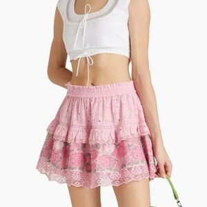 LoveShackFancy Shawna Tiered Embroidered Needlepoint Cotton Mini Skirt in Pink